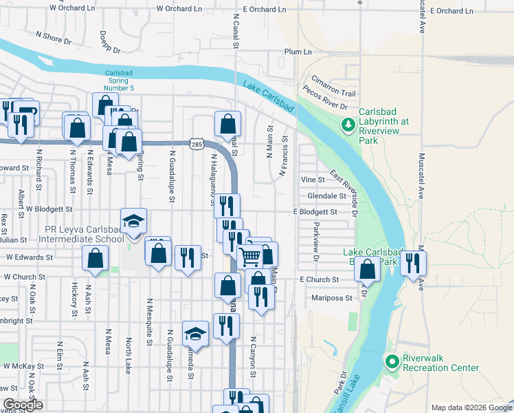 map of restaurants, bars, coffee shops, grocery stores, and more near 1010 North Eddy Street in Carlsbad