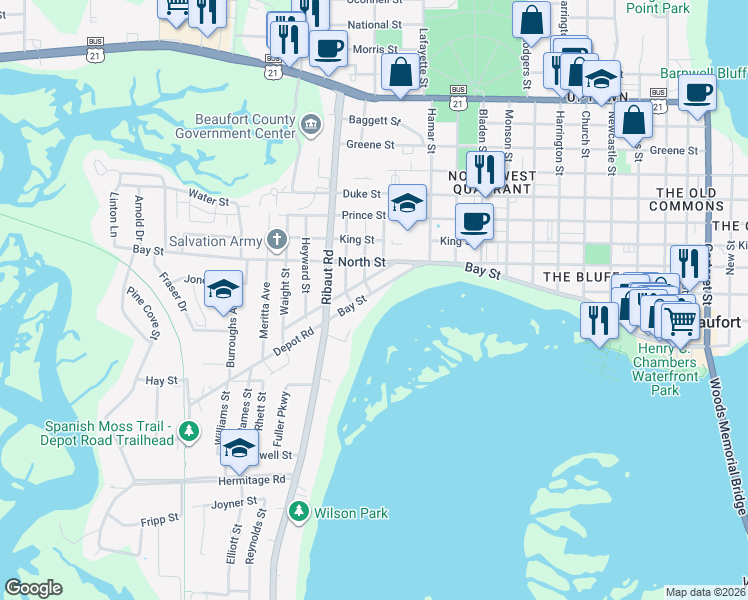 map of restaurants, bars, coffee shops, grocery stores, and more near 2102 Bay Street in Beaufort