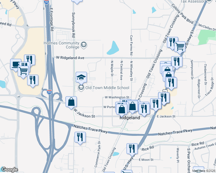 map of restaurants, bars, coffee shops, grocery stores, and more near 157 North Maple Street in Ridgeland