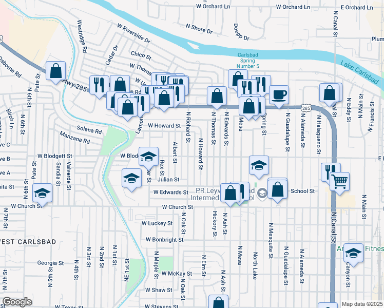 map of restaurants, bars, coffee shops, grocery stores, and more near 1120 West Blodgett Street in Carlsbad