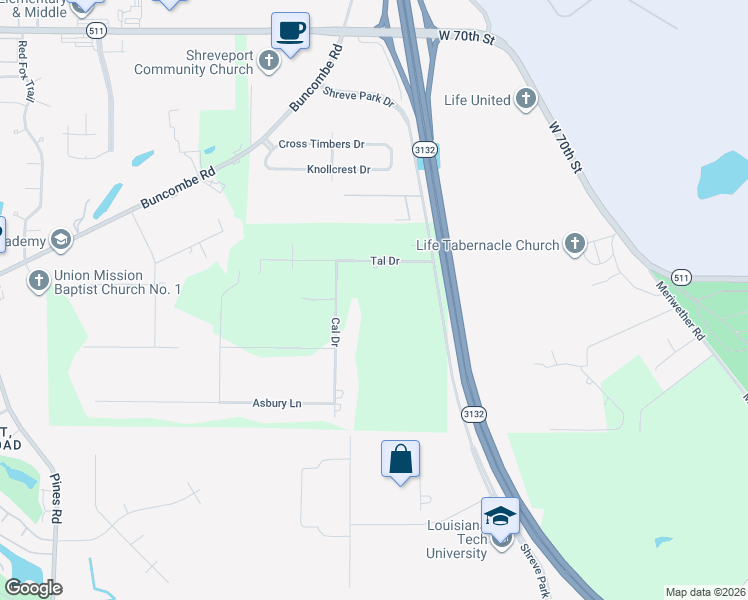 map of restaurants, bars, coffee shops, grocery stores, and more near 7835 Cal Drive in Shreveport