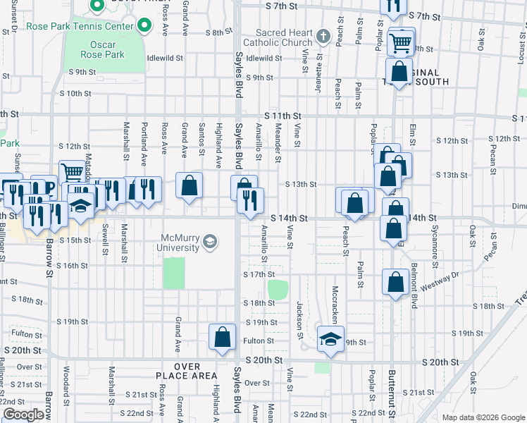 map of restaurants, bars, coffee shops, grocery stores, and more near 1358 Amarillo Street in Abilene