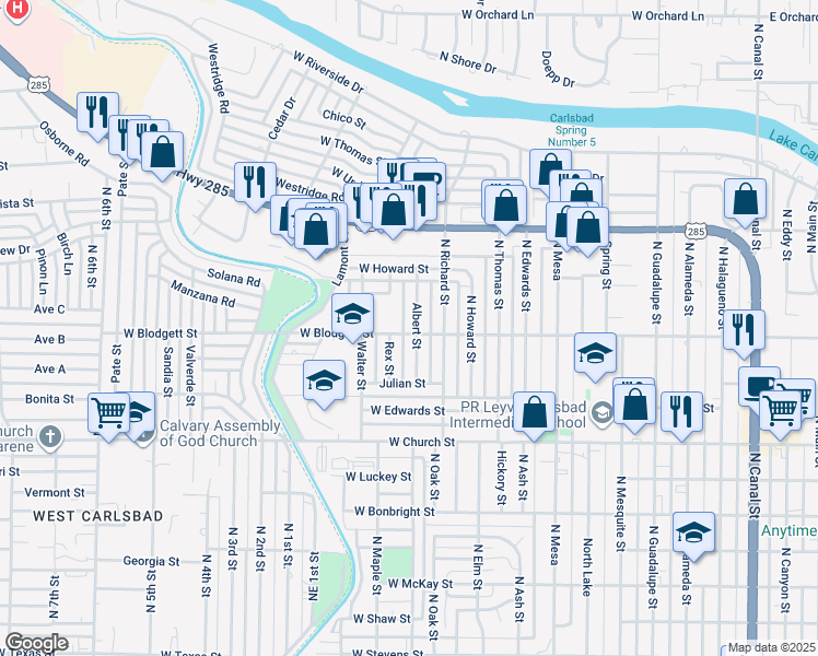 map of restaurants, bars, coffee shops, grocery stores, and more near 1302 West Blodgett Street in Carlsbad