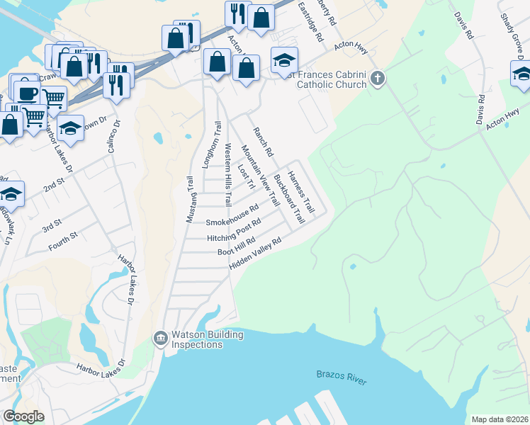 map of restaurants, bars, coffee shops, grocery stores, and more near 1831 Smokehouse Road in Granbury