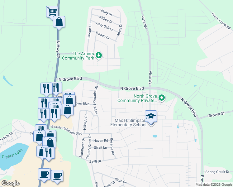map of restaurants, bars, coffee shops, grocery stores, and more near 1735 Upland Road in Waxahachie