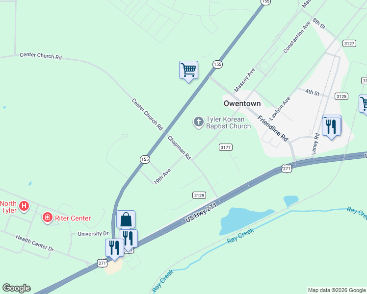 map of restaurants, bars, coffee shops, grocery stores, and more near 12351 Chapman Road in Tyler