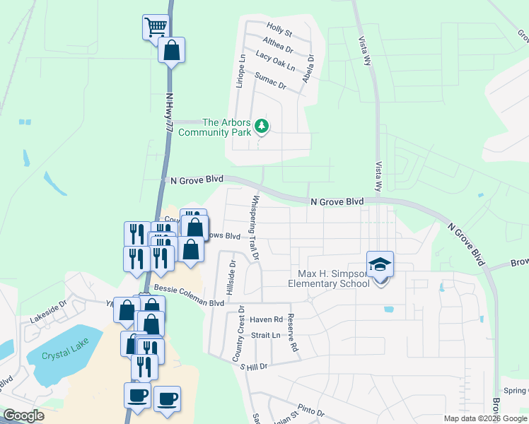 map of restaurants, bars, coffee shops, grocery stores, and more near 339 Sahara Drive in Waxahachie