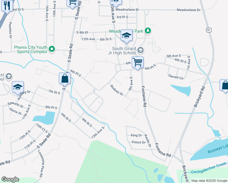 map of restaurants, bars, coffee shops, grocery stores, and more near 710 Lawrence Court in Phenix City