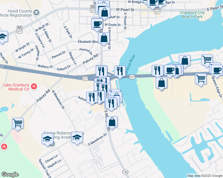 map of restaurants, bars, coffee shops, grocery stores, and more near 1101 White Cliff Road in Granbury