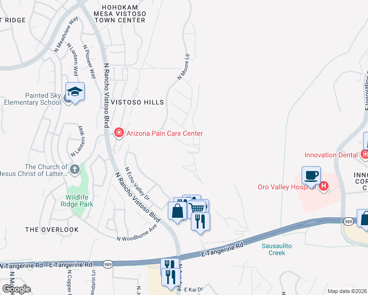 map of restaurants, bars, coffee shops, grocery stores, and more near 12436 North Mount Bigelow Road in Oro Valley