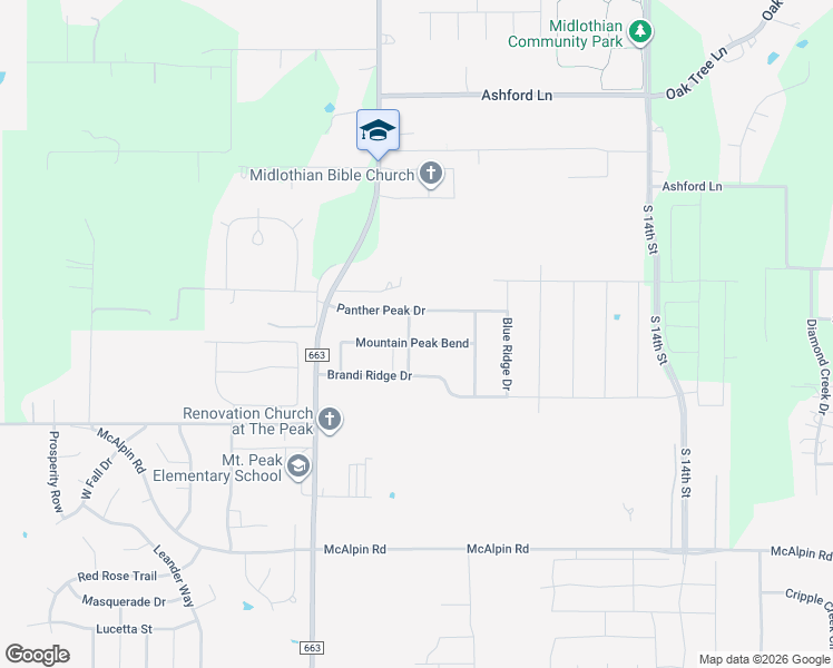 map of restaurants, bars, coffee shops, grocery stores, and more near 402 Panther Peak Drive in Midlothian