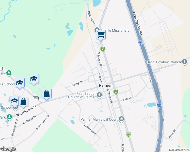 map of restaurants, bars, coffee shops, grocery stores, and more near 300 North Main Street in Palmer