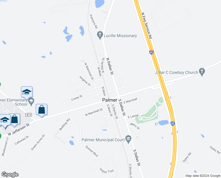 map of restaurants, bars, coffee shops, grocery stores, and more near 151 North Stacks Street in Palmer