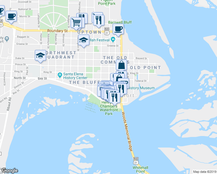 map of restaurants, bars, coffee shops, grocery stores, and more near 398 West Street in Beaufort