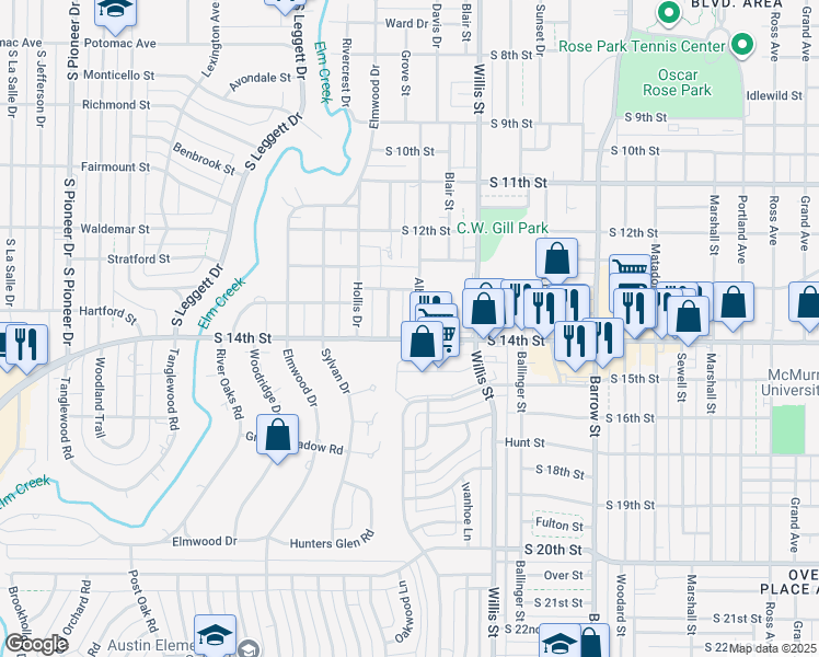 map of restaurants, bars, coffee shops, grocery stores, and more near 1326 Albany Street in Abilene