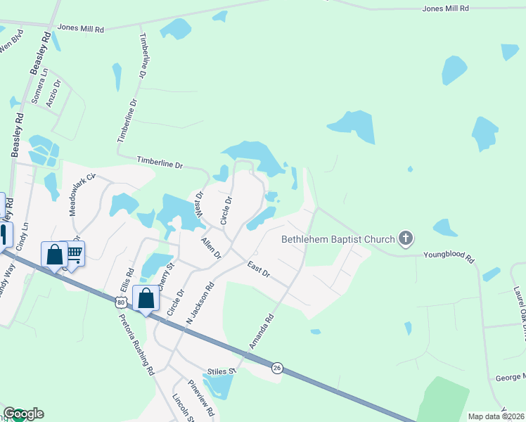 map of restaurants, bars, coffee shops, grocery stores, and more near 214 Circle Drive in Statesboro