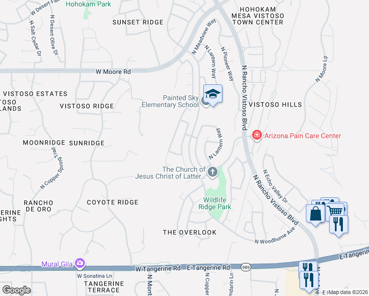 map of restaurants, bars, coffee shops, grocery stores, and more near 12497 North Copper Queen Way in Oro Valley