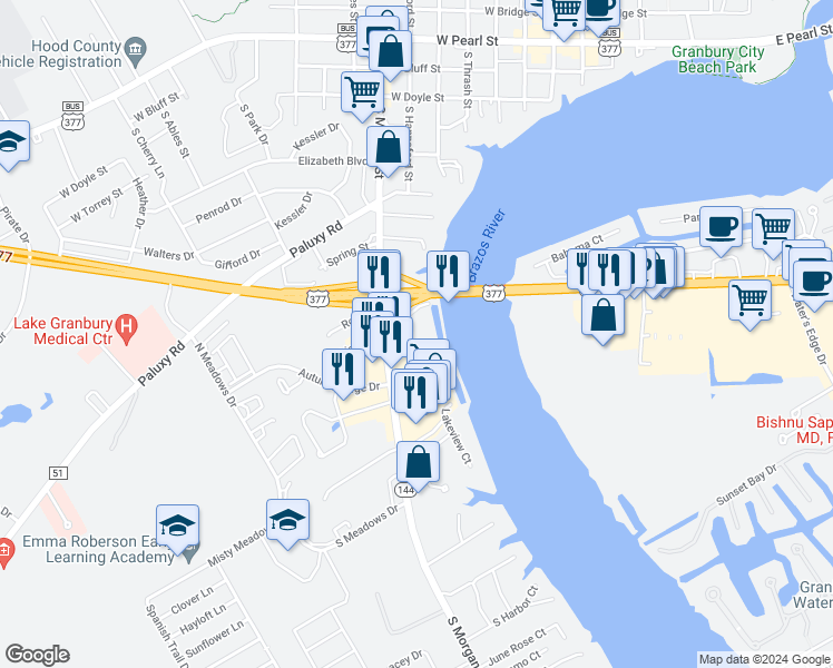 map of restaurants, bars, coffee shops, grocery stores, and more near 1101 White Cliff Rd in Granbury