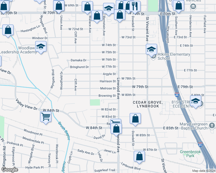 map of restaurants, bars, coffee shops, grocery stores, and more near 436 Melrose Street in Shreveport