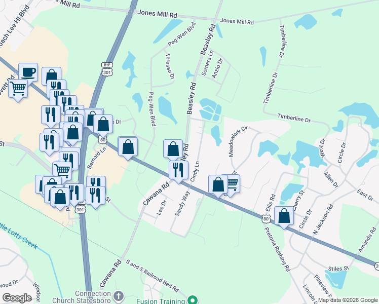 map of restaurants, bars, coffee shops, grocery stores, and more near 114 Beasley Road in Statesboro