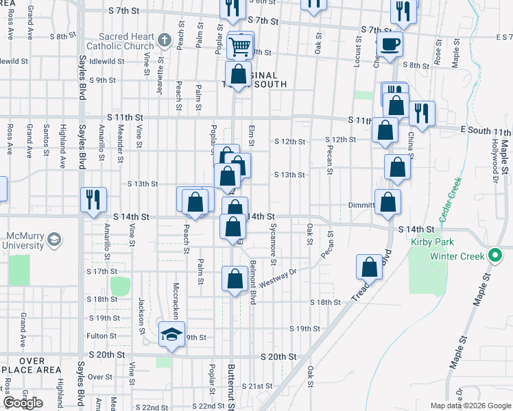 map of restaurants, bars, coffee shops, grocery stores, and more near 1342 Sycamore Street in Abilene