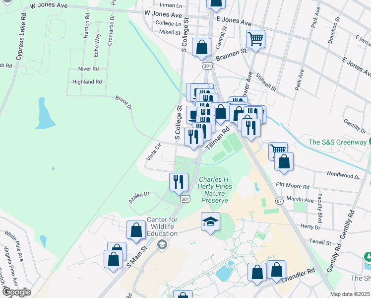 map of restaurants, bars, coffee shops, grocery stores, and more near 8 Tillman Street in Statesboro