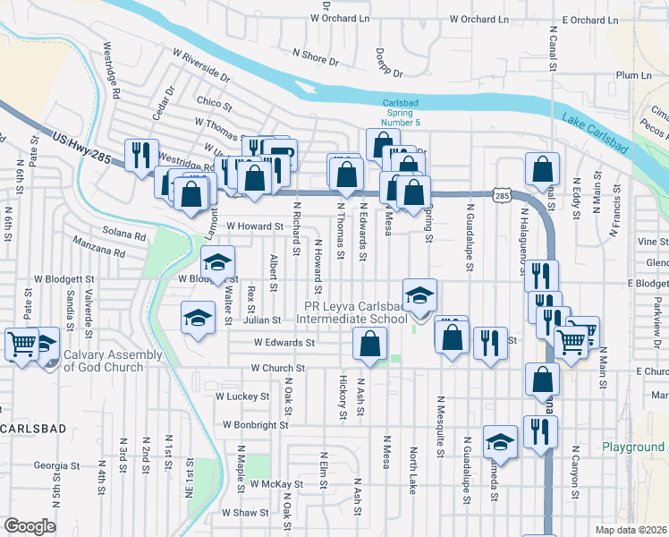 map of restaurants, bars, coffee shops, grocery stores, and more near 1007 North Thomas Street in Carlsbad