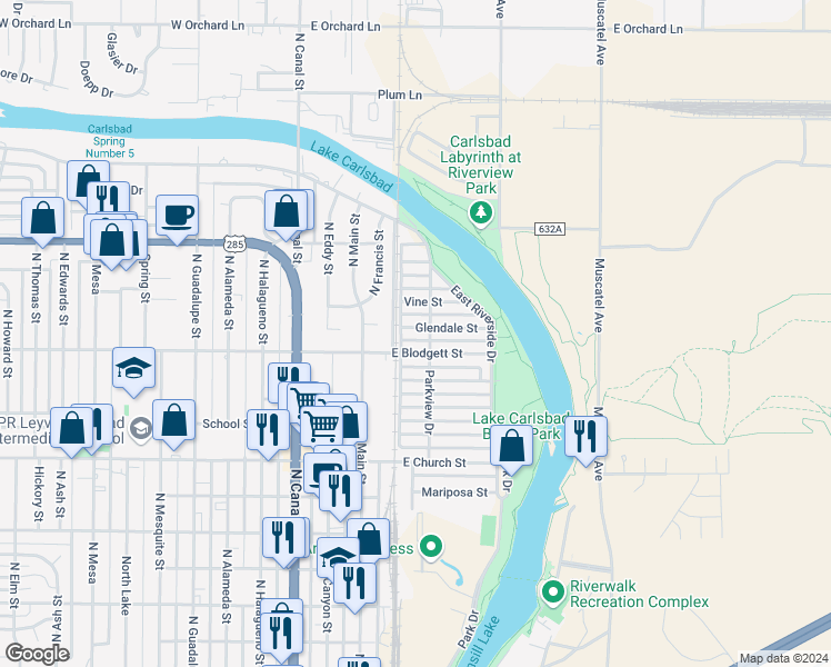 map of restaurants, bars, coffee shops, grocery stores, and more near 205 Glendale Street in Carlsbad