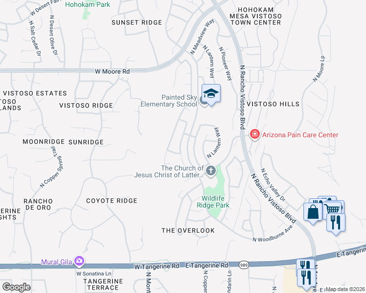 map of restaurants, bars, coffee shops, grocery stores, and more near 12490 North Copper Queen Way in Oro Valley