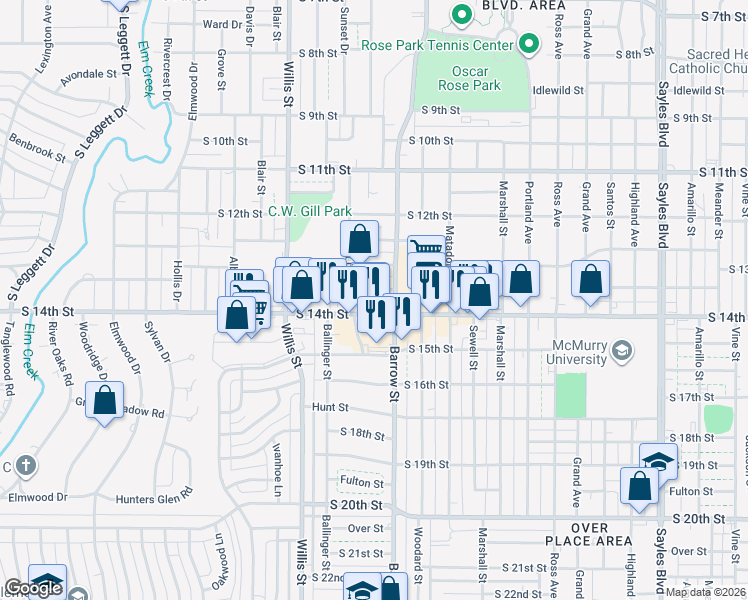 map of restaurants, bars, coffee shops, grocery stores, and more near 1366 Sammons Street in Abilene