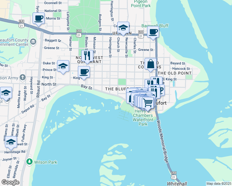 map of restaurants, bars, coffee shops, grocery stores, and more near 1203 Bay Street in Beaufort