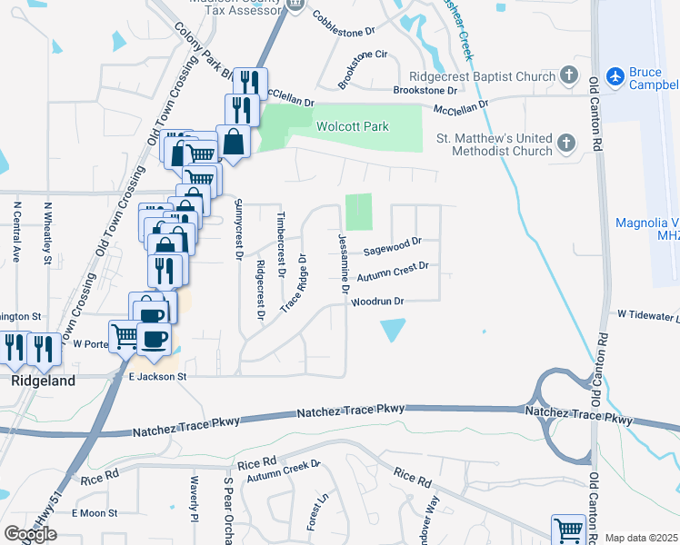 map of restaurants, bars, coffee shops, grocery stores, and more near 201 Autumn Crest Cove in Ridgeland