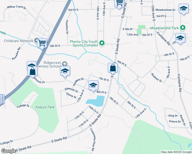 map of restaurants, bars, coffee shops, grocery stores, and more near 1606 7th Street South in Phenix City