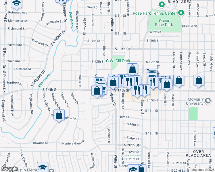 map of restaurants, bars, coffee shops, grocery stores, and more near 3300 South 14th Street in Abilene
