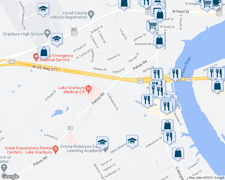 map of restaurants, bars, coffee shops, grocery stores, and more near 1201 Stanton Court in Granbury