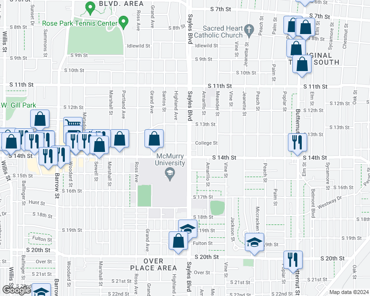 map of restaurants, bars, coffee shops, grocery stores, and more near 1382 Sayles Boulevard in Abilene