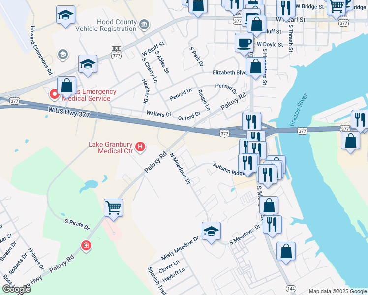 map of restaurants, bars, coffee shops, grocery stores, and more near 1205 Stanton Court in Granbury