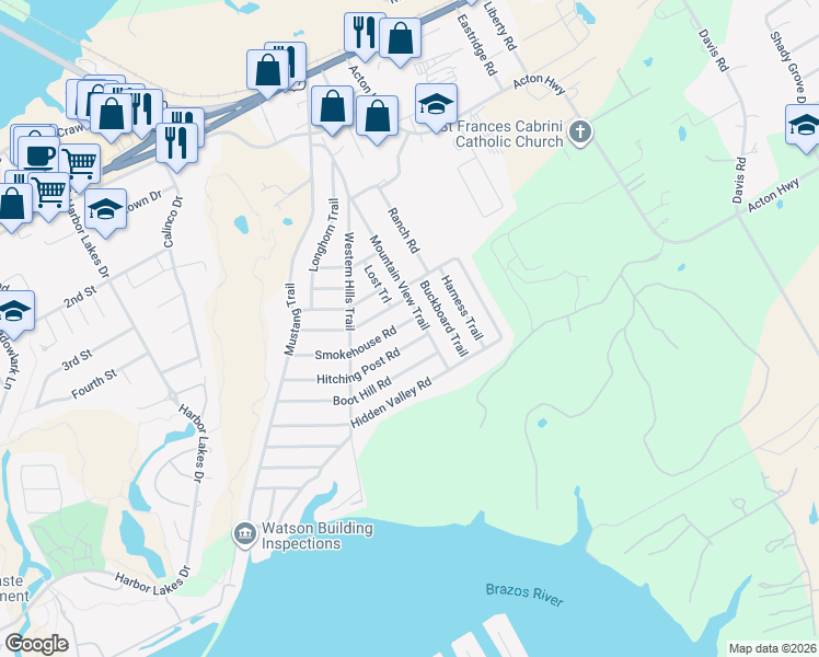 map of restaurants, bars, coffee shops, grocery stores, and more near 1831 Smokehouse Road in Granbury