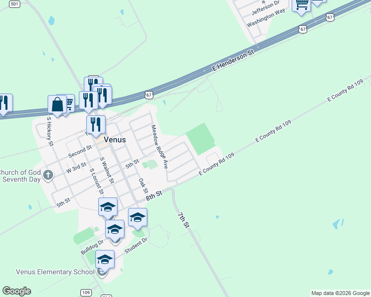map of restaurants, bars, coffee shops, grocery stores, and more near 416 Harvest Hill Lane in Venus