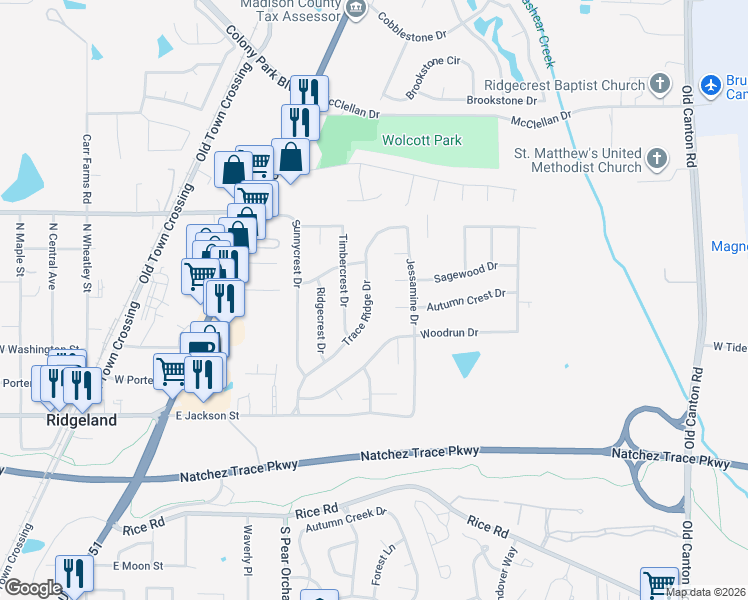 map of restaurants, bars, coffee shops, grocery stores, and more near 140 Trace Ridge Drive in Ridgeland