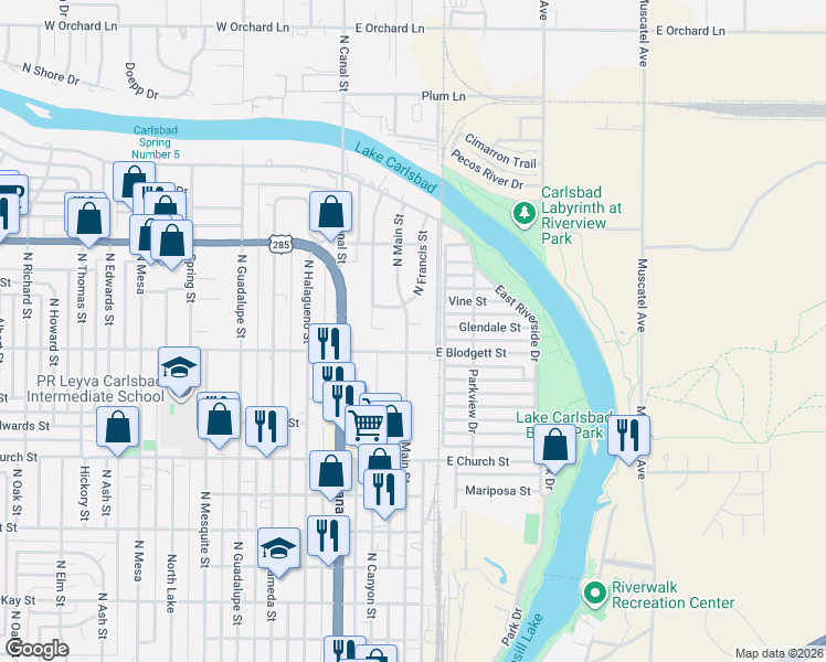 map of restaurants, bars, coffee shops, grocery stores, and more near 1006 North Main Street in Carlsbad