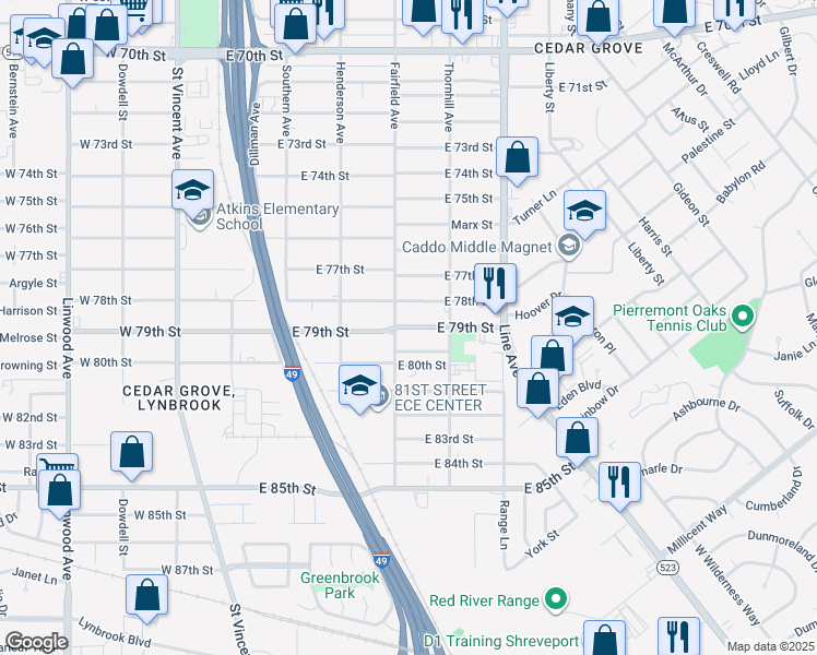 map of restaurants, bars, coffee shops, grocery stores, and more near 7817 Fairfield Avenue in Shreveport