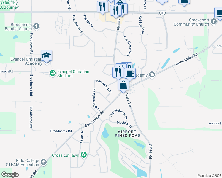 map of restaurants, bars, coffee shops, grocery stores, and more near 6124 Wincanton Drive in Shreveport