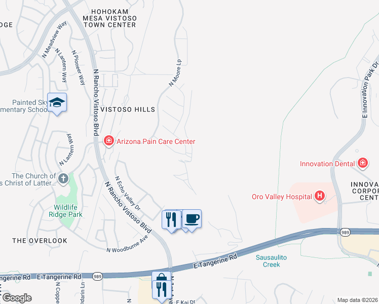 map of restaurants, bars, coffee shops, grocery stores, and more near East Romsdalen Road in Oro Valley