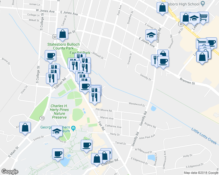 map of restaurants, bars, coffee shops, grocery stores, and more near 202 Maderia Court in Statesboro
