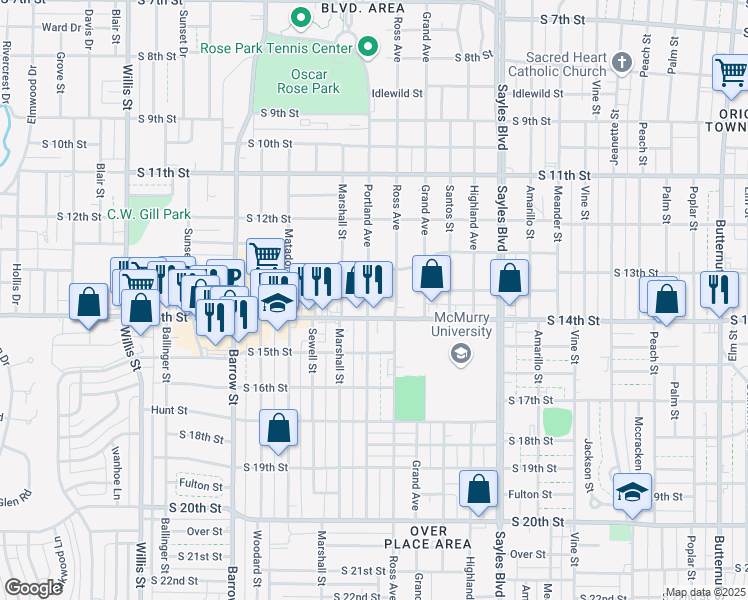map of restaurants, bars, coffee shops, grocery stores, and more near 1349 Portland Avenue in Abilene