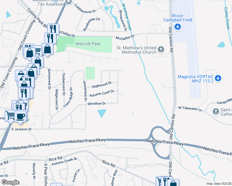 map of restaurants, bars, coffee shops, grocery stores, and more near 325 Woodrun Drive in Ridgeland
