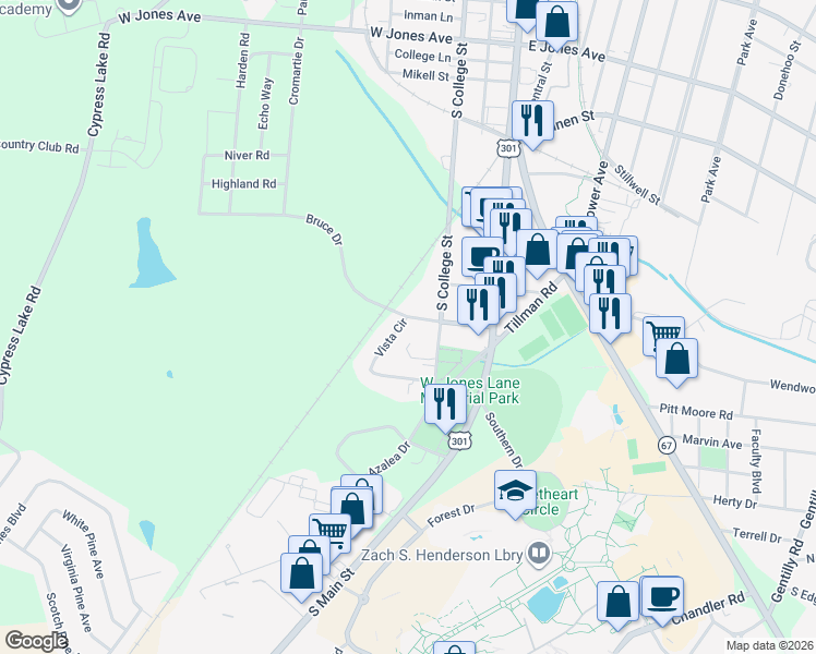 map of restaurants, bars, coffee shops, grocery stores, and more near 208 Vista Circle in Statesboro