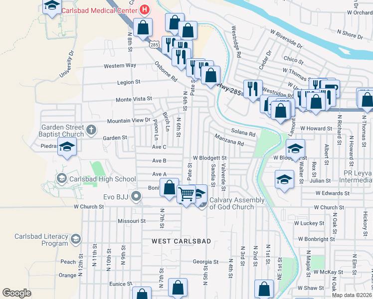 map of restaurants, bars, coffee shops, grocery stores, and more near 1003 North Pate Street in Carlsbad