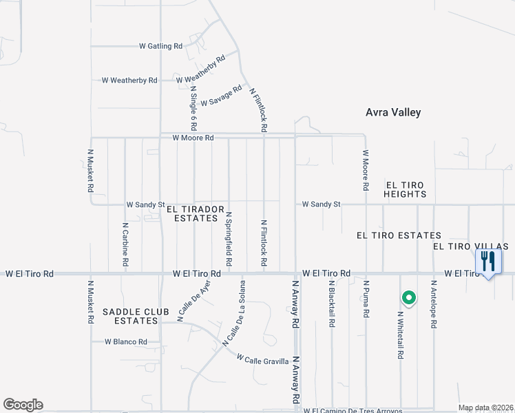 map of restaurants, bars, coffee shops, grocery stores, and more near 12563 North Flintlock Road in Marana
